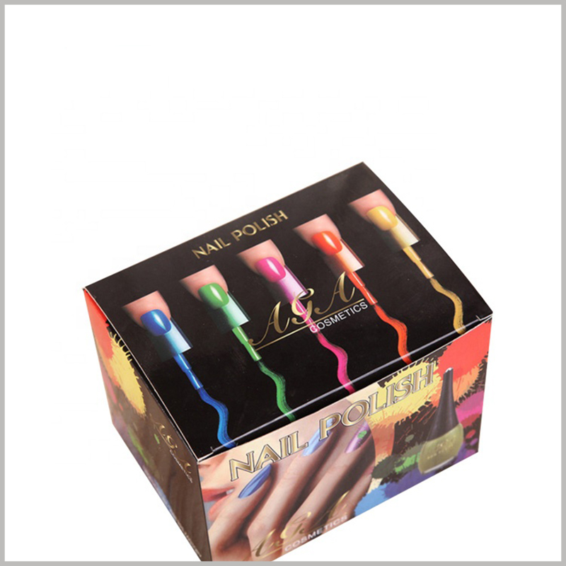 cheap color cosmetics packaging for 12pcs of nail polish boxes. Nail polish packaging design is closely related to the product, with colorful patterns to attract customers' attention, and to promote the characteristics of the product.