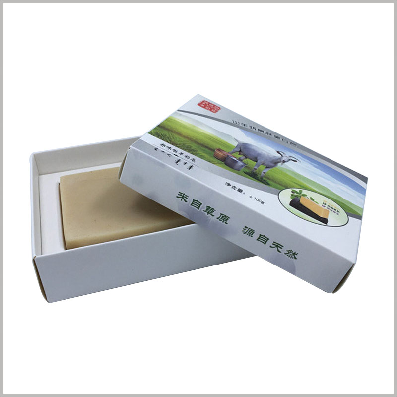 cheap custom printed boxes for soap packaging.The raw material of the customized soap boxes is 350gsm single powder paper, which forms the outer box and the inner cardboard insert.