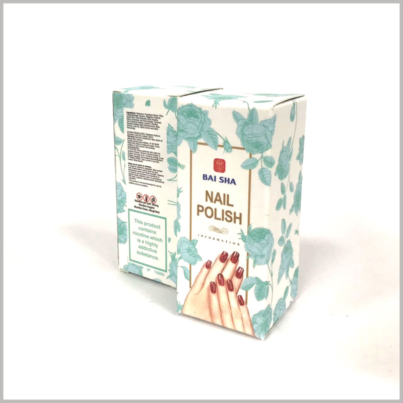 cheap foldable nail polish packaging boxes wholesale. The product name "nail polish" uses bronzing printing technology, which will increase the attractiveness of the product.