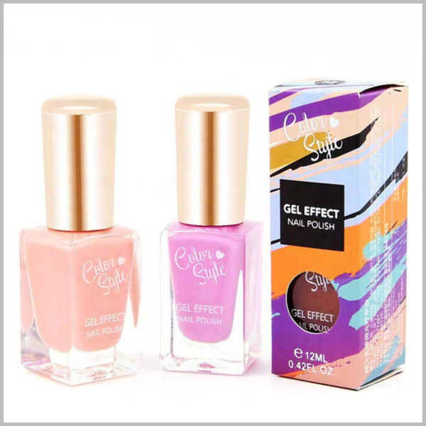 cheap foldable packaging for single nail polish boxes. The color cosmetic box package has a circular hollow window, you can see the nail polish bottle and style inside the package.