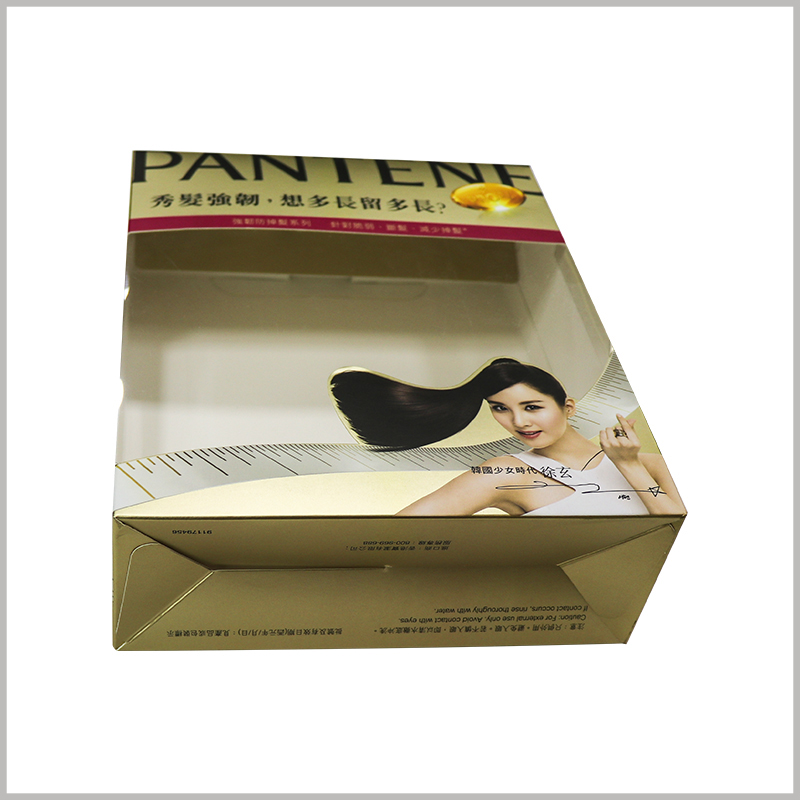 cheap foldable shampoo packaging box with windows. The clever packaging design allows the shampoo packaging to be folded, which will reduce the space occupied by the packaging when it is empty, and is conducive to transportation and storage.