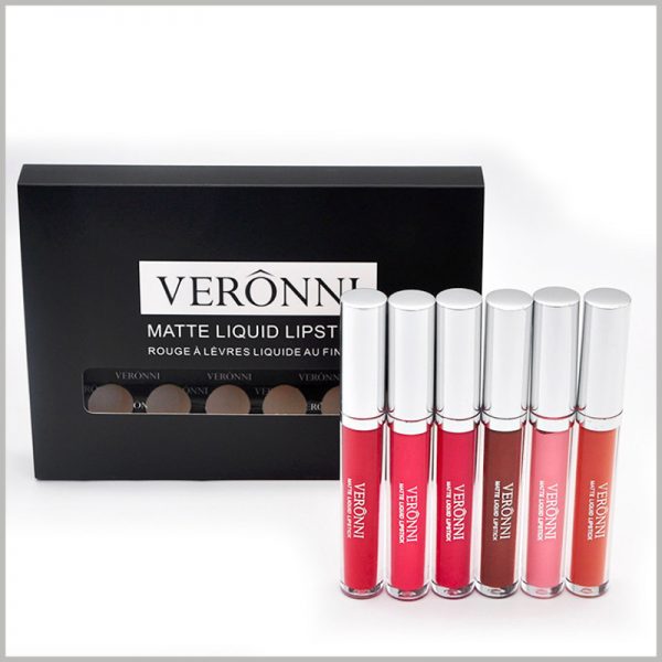 cheap lip gloss packaging with windows hold 6 bottles. The size of the lip gloss packaging is determined by the product's capacity and the characteristics of selling 6 lip glosses at one time, which fully meets the needs of lip gloss products.