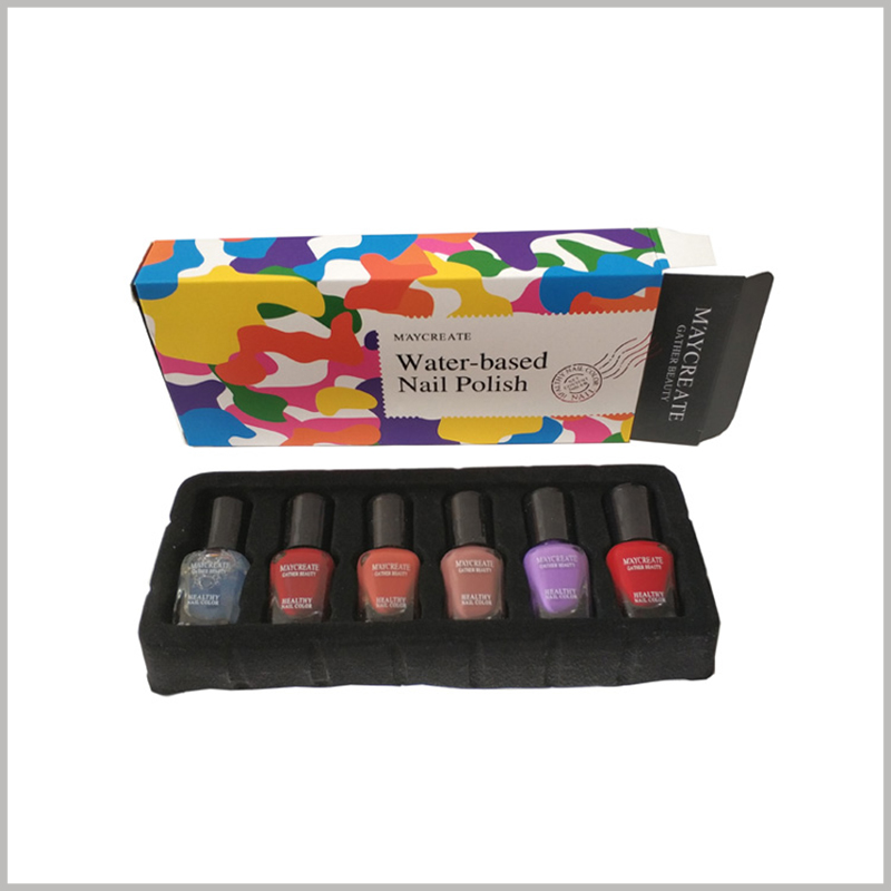 cheap printed boxes for 6 bottles of nail polish packaging. The black blister packaging is used as an insert in the box to fix and protect the nail polish glass bottle.