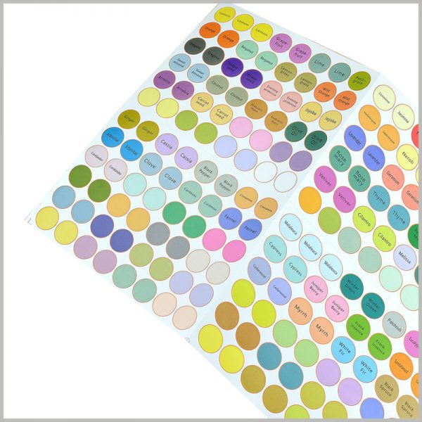 cheap round labels for essential oil bottles top cap.The colors and printing patterns of the paper labels are diversified to distinguish the essential oils.