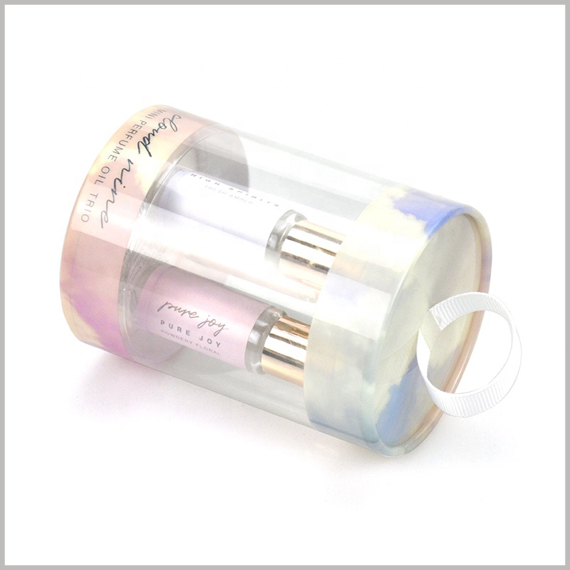 Custom high quaity clear tube packaging for perfume boxes. The top and bottom of the transparent tube packaging use printed paper as decoration, which can reflect the necessary information.