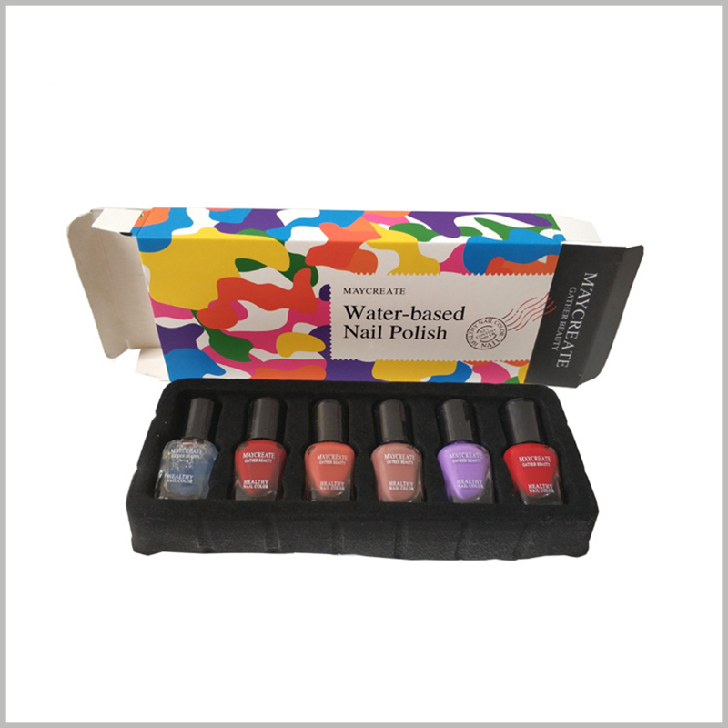 colors cosmetic boxes for 6 bottles of nail polish packaging. Cheap custom-made packaging boxes are foldable, and blister packaging can be stacked together, reducing packaging space.