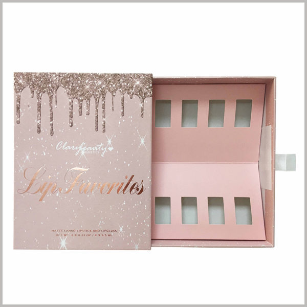 creative boxes for cosmetic lip gloss packaging. The top of the customized packaging has a liquid pattern similar to pink gold lip gloss, and customers will be deeply impressed by the product.