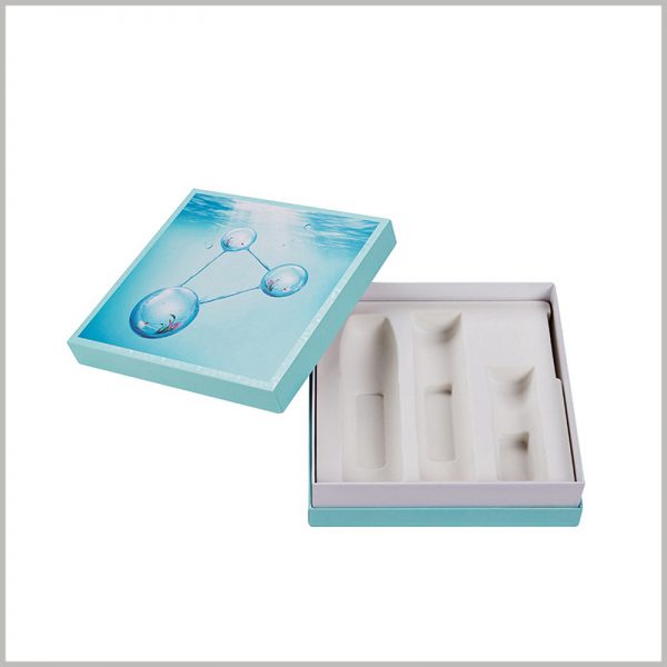 Custom creative packaging for skin care boxes.The delicate white blister is placed inside the boxes, which can fix three different skin care products and protect the value of skin care products.