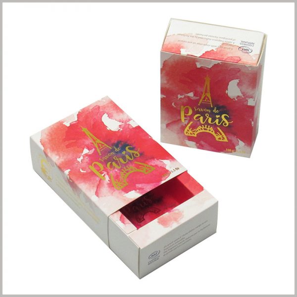 creative printed drawer boxes for soap packaging. The two sides of the drawer package are not fixed and sealed, and either end can be pushed to open the soap package.