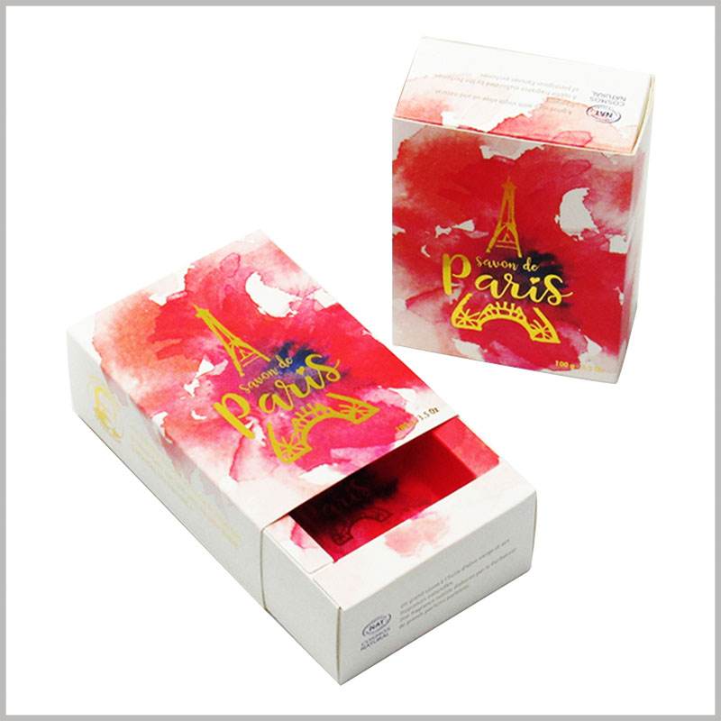creative small drawer boxes for soap packaging. The brand name and logo of the soap are embodied in the packaging by bronzing printing, which is an important way to enhance the value of the product.