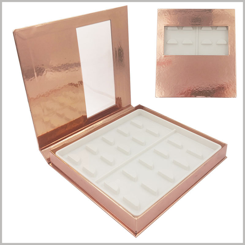 custom False eyeslash packaging box with window for pack of 10 pairs. Gold cardboard false eyelashes are packaged with photo-resist technology to make the surface gloss of the box more dazzling.