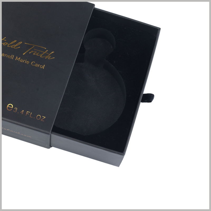 custom black cardboard drawer boxes for perfumes packaging. Perfume packaging uses 1200gsm hard cardboard as one of the main raw materials, which effectively improves the hardness of the packaging.