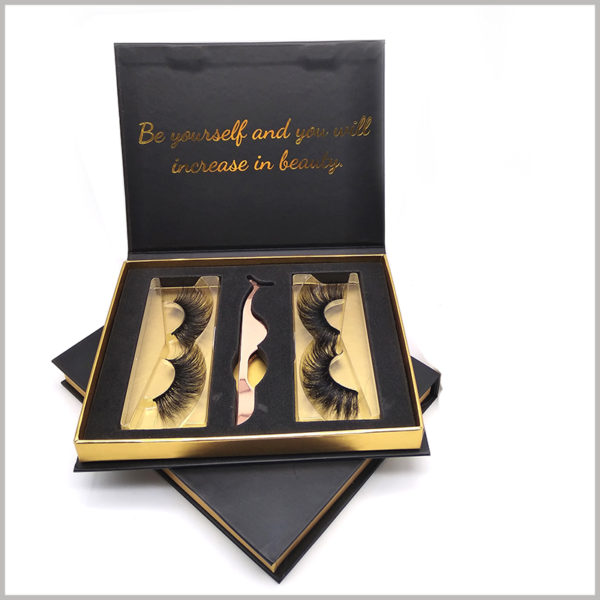 custom black cardboard packaging for eyelashes gift set,Inside the packaging boxes there are bronzing printing located on the inner lid, and the bottom of the box has gold cardboard as cushion paper.