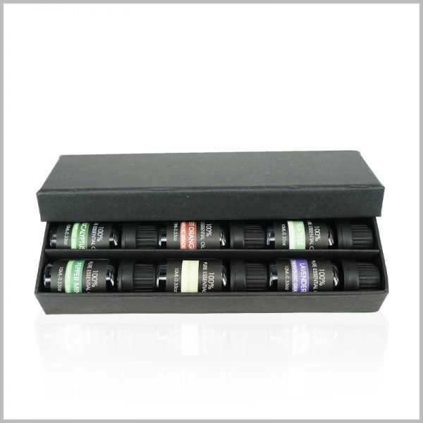 custom black packaging for essential oils. The essential oil packaging has a compact design, which is very beneficial to environmental protection and cost reduction.