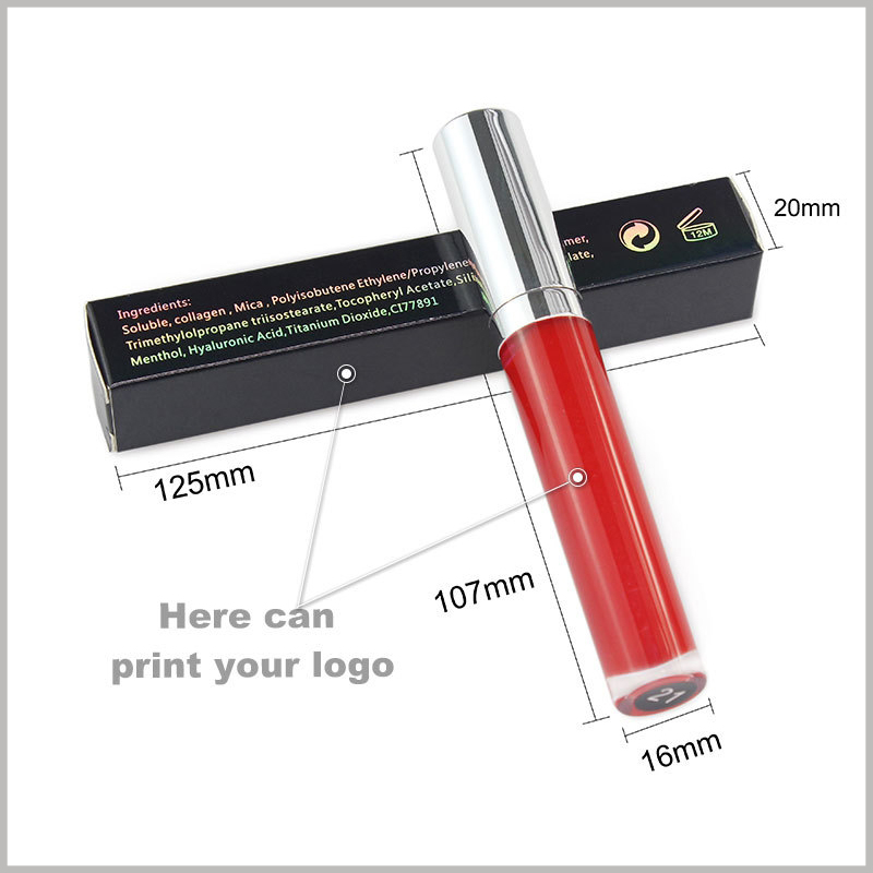custom black packaging for single lip gloss boxes. This lip gloss packaging has detailed printing content, and is marked with the box specifications and the size of the lip gloss bottle, which can be used as a reference for lip gloss packaging.