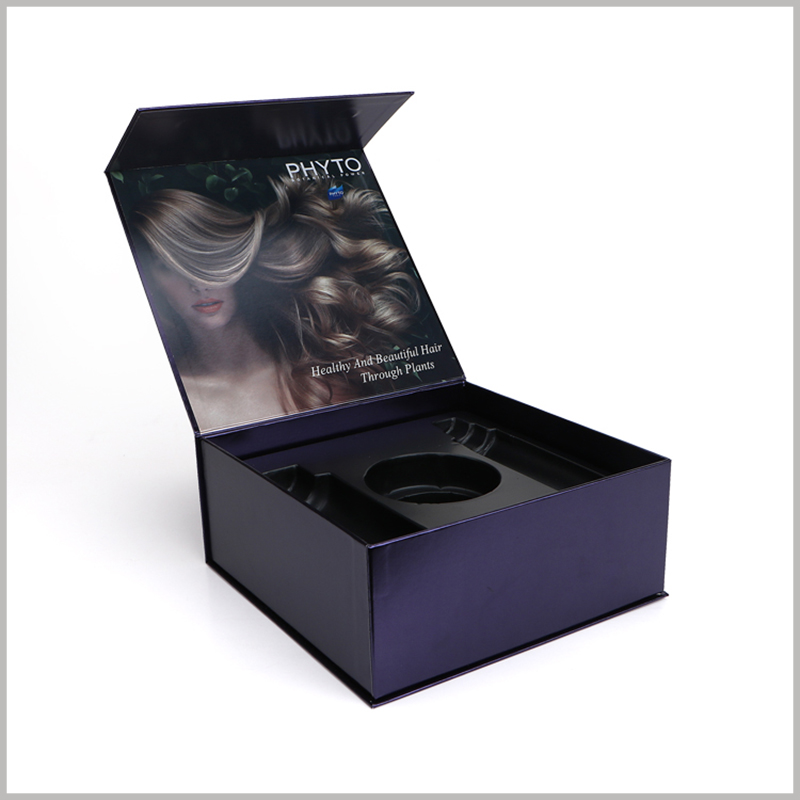 custom black printed boxes for shampoo packaging. The inside of the customized packaging lid is printed with pictures related to the product, and customers will easily understand the product.