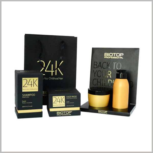 custom black product boxes for hair mask packaging. Packaging manufacturers provide shampoo and hair mask set display packaging, which is conducive to product display.