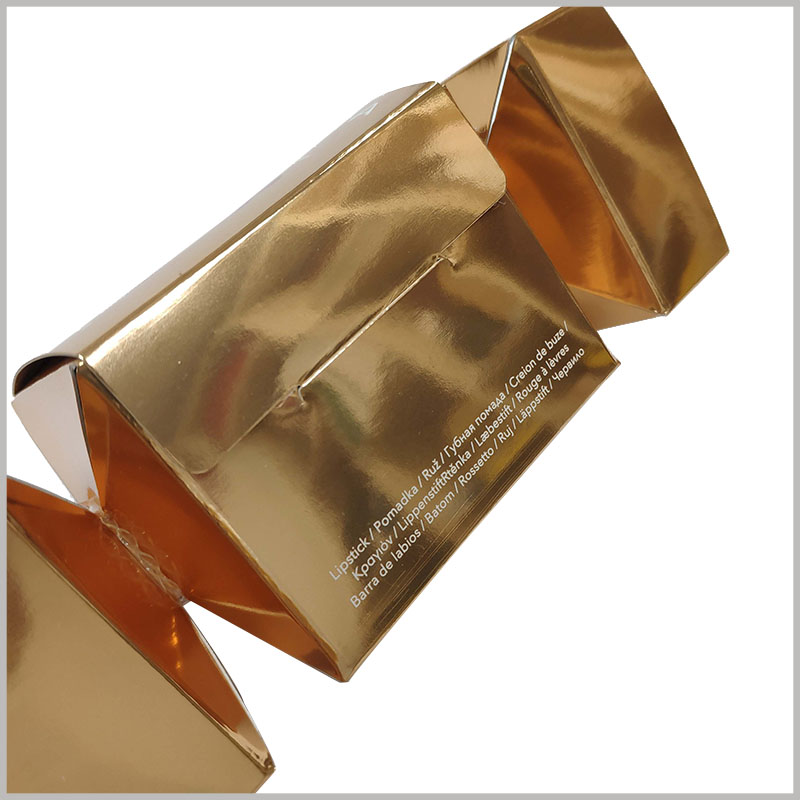 custom candy-shape boxes for lipstick packaging. The side of the golden packaging box is printed with the necessary product information, and customers will quickly be able to recognize that the internal product is lipstick.