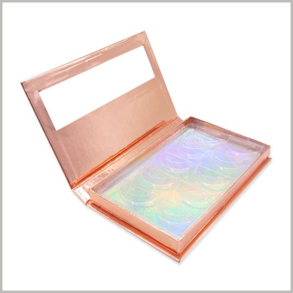 custom cardboard boxes for 5 pairs of eyelash packaging. Put laser paper on the inner bottom of the eyelash box package, so that the inside of the golden box has different colors of shiny glitter.