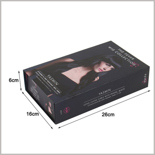 custom cardboard packaging boxes for wigs collection. The detailed dimensions of this cardboard box package are: 26cm × 16cm × 6cm. But you can choose more custom packaging sizes, depending on the product details.