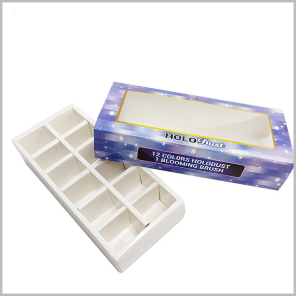 custom cheap nail polish boxes with window for 12 bottles. The interior of the cosmetic package uses a partition formed by white cardboard to divide the interior of the cosmetic package into 12 separate small spaces.