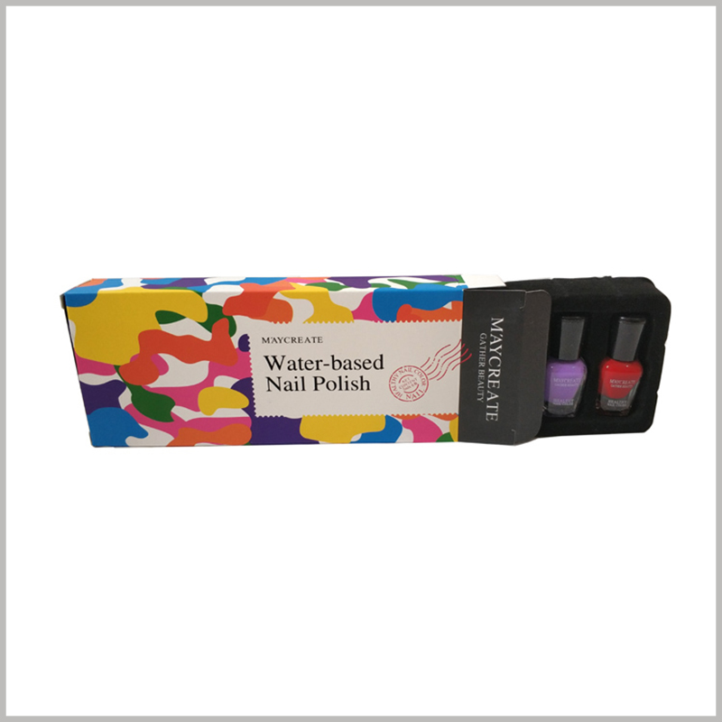 custom cheap printed boxes for nail polish packaging. The customized color cosmetic packaging uses 350 gsm as the raw material, which makes the packaging manufacturing cost low.
