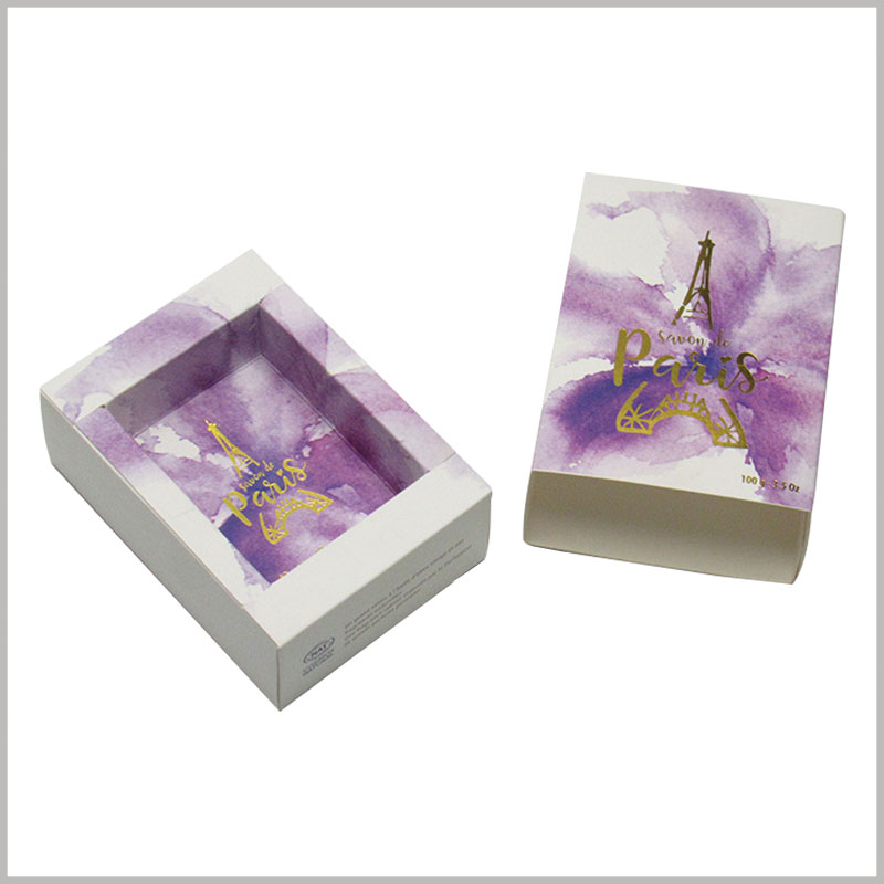 custom creative drawer boxes for soap packaging. As the main element of soap packaging design, the purple pattern is closely related to the characteristics of the product and helps customers quickly understand the product.