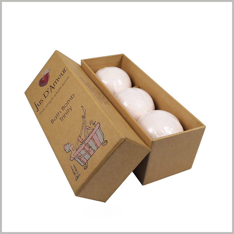 custom eco friendly kraft paper packaging for bath bombs. The elegant soap packaging is designed for 3 pieces, and the packaging structure is compact to avoid excessive packaging of the product.