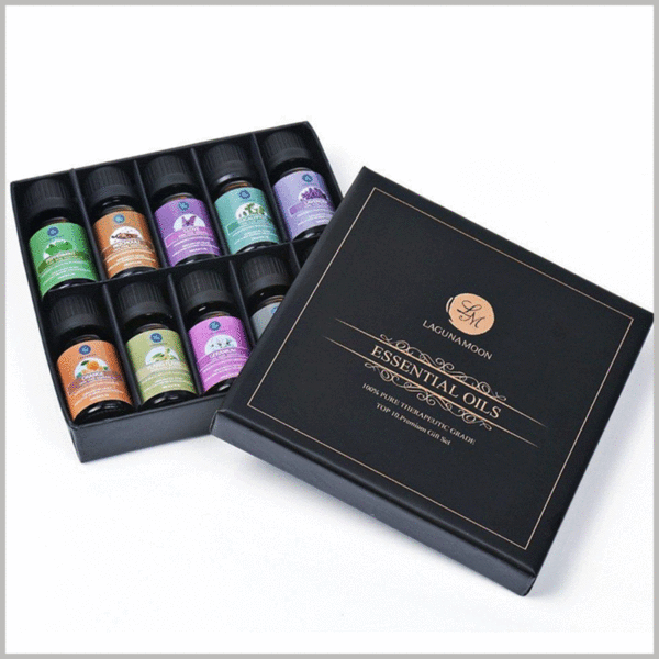 custom essential oil packaging boxes for 10 bottles. The black cardboard gift boxes have a suitable gap between the top cover and the packaging, and the packaging can be easily opened