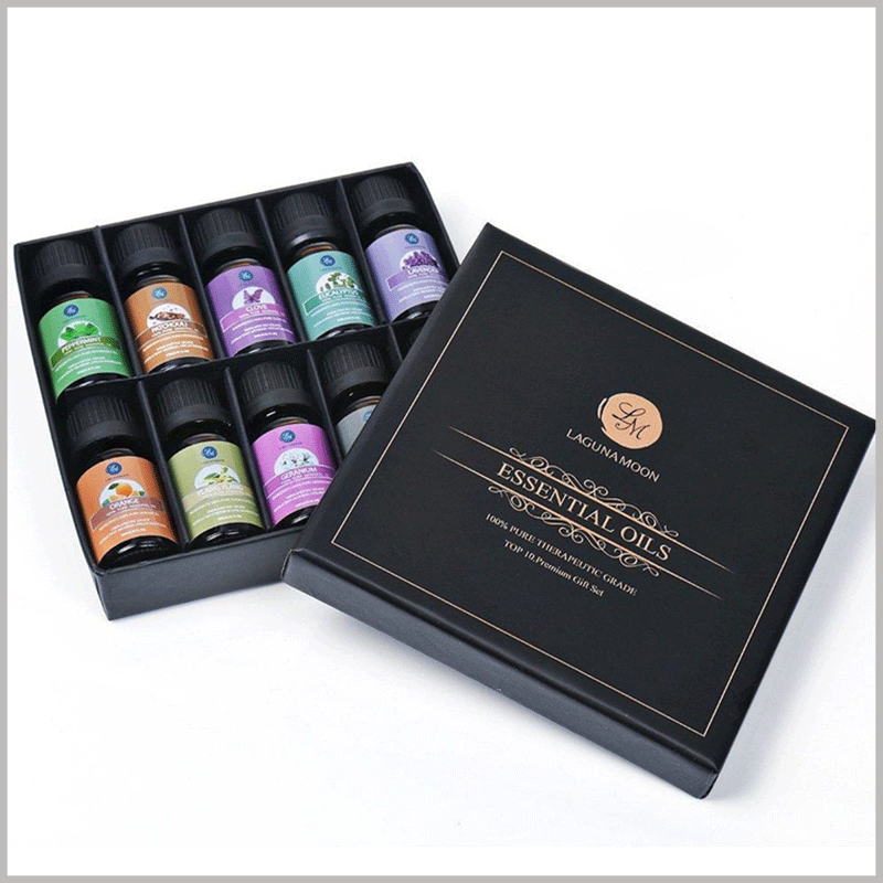 custom essential oil packaging boxes for 10 bottles. The black cardboard gift boxes have a suitable gap between the top cover and the packaging, and the packaging can be easily opened