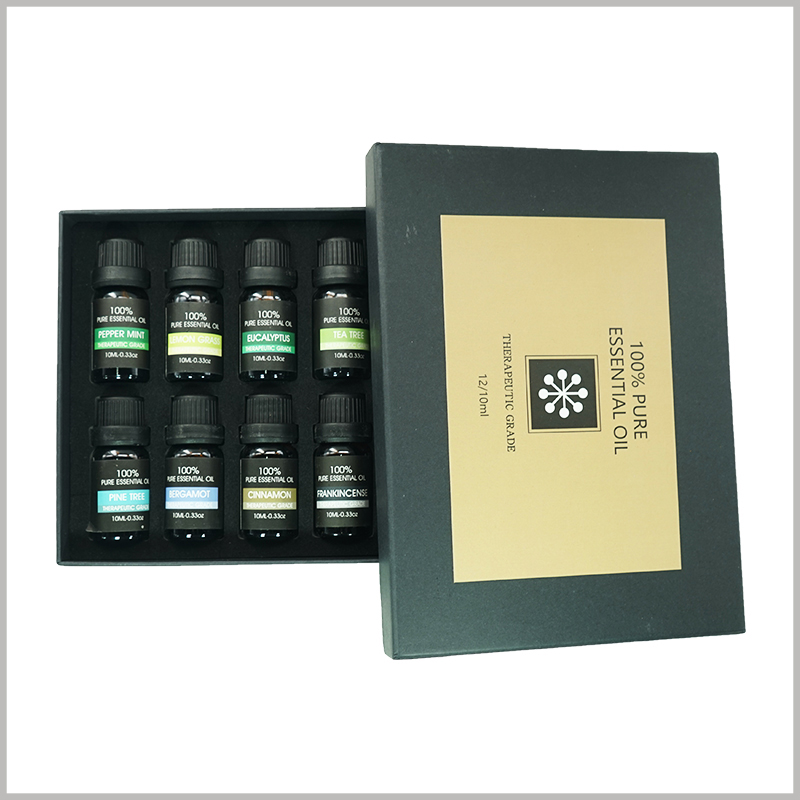 custom essential oil packaging with EVA insert for 12 bottles.The inside of the essential oil packaging box uses EVA as an insert to fix and protect the essential oil.