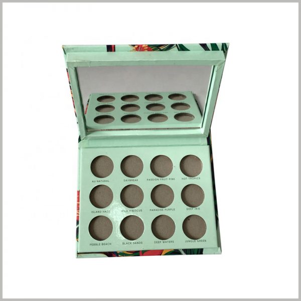 custom eyeshadow palette packaging with mirror. A mirror is set on the inside of the lid of the cosmetic package, which increases the practical function of the package, which is helpful to improve the attractiveness of the product.