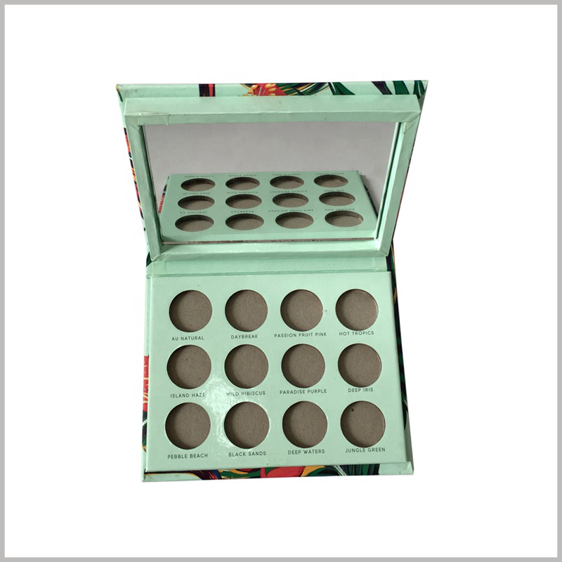 custom eyeshadow palette packaging with mirror. A mirror is set on the inside of the lid of the cosmetic package, which increases the practical function of the package, which is helpful to improve the attractiveness of the product.