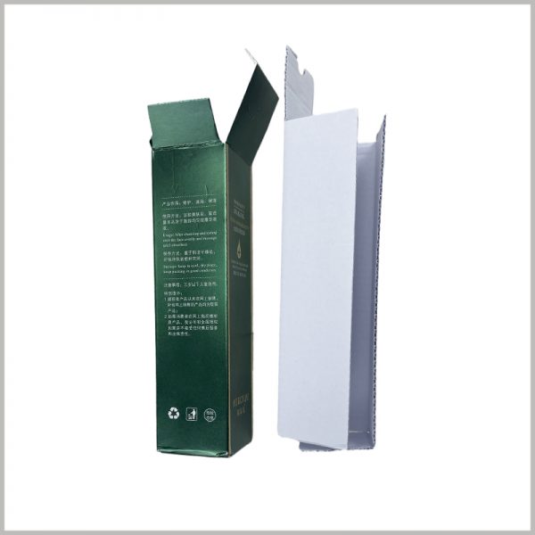 custom foldable essential oil packaging with corrugated insert. The white corrugated paper insert can increase the thickness of the package and protect the product.