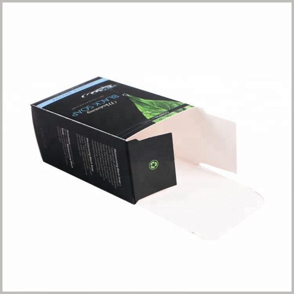 custom foldable packaging boxes wholesale. 350gsm white cardboard is used as the raw material to make the packaging foldable and reduce the purchase cost of soap packaging.