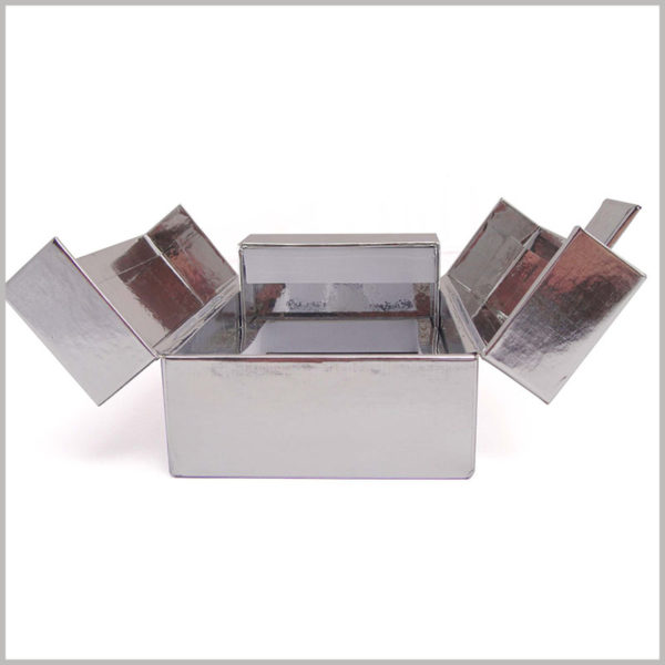 custom high-end silver cardboard boxes for perfume packaging, Custom packaging is opened on both sides.