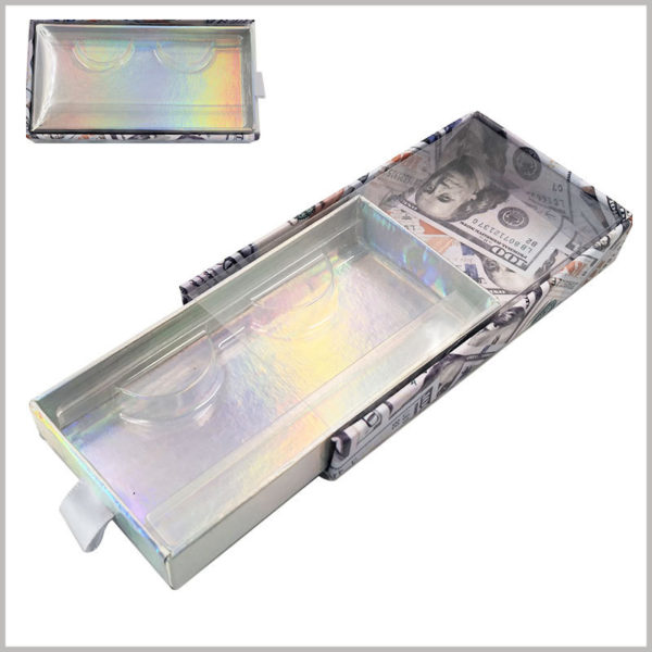 custom lash boxes with US dollar pattern designing. The rectangular cardboard drawer is packed, and the false eyelashes are arranged inside the box side by side.