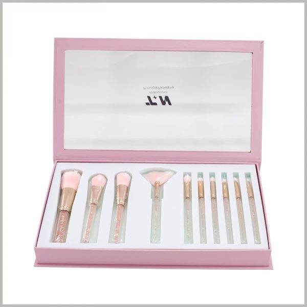 custom makeup brushes packaging for 10 sticks. The custom cosmetic packaging comes in the form of a flip top box and it is very easy to open the packaging.