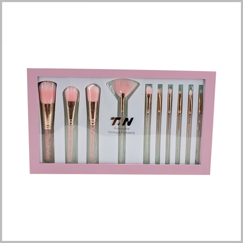 custom makeup brushes packaging for 10 stick with windows. Bronzing the brand name and related information on clear pvc windows to give the product brand value.