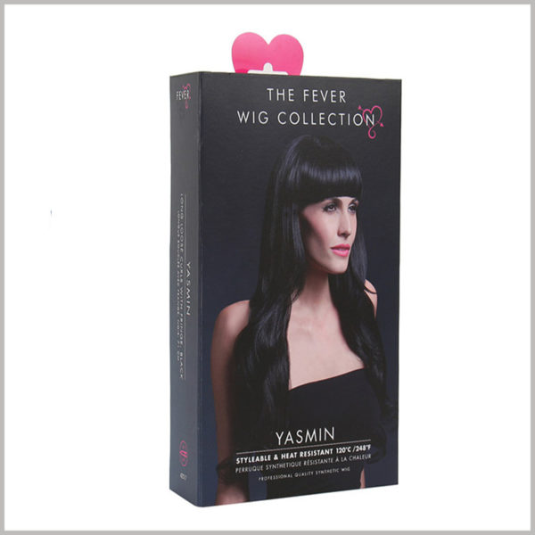 custom packaging boxes for wigs. Black hard cardboard packaging for hair extensions, Use pretty girl as promotional posters for custom packaging.