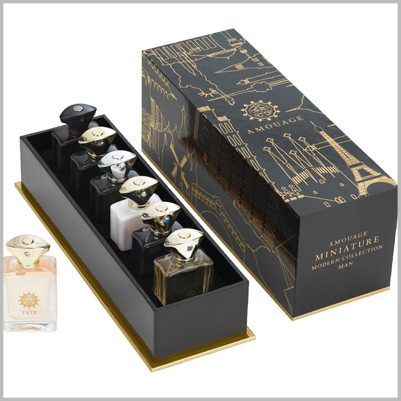 Custom perfume boxes packaging hold 6 bottles. The whole perfume packaging has a black visual sense, which is very helpful to the packaging experience.
