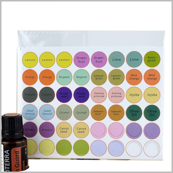 custom round labels for essential oil bottles top cap. Custom paper labels are waterproof and have high adhesiveness, which meets the requirements of essential oil labels.