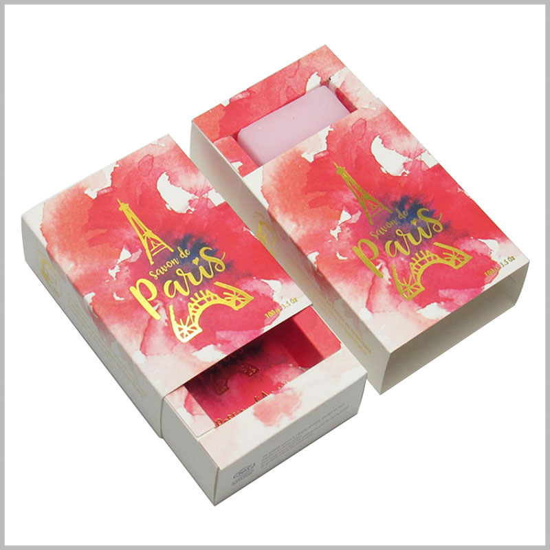 custom soap packaging boxes wholesale.350gsm white cardboard is used as the raw material for packaging, which reduces the manufacturing cost of soap cardboard drawer packaging.