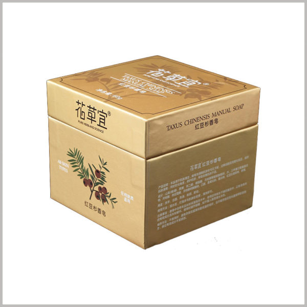 custom square gold cardboard soap boxes packaging. By printing detailed text information on the side of the box, customers will be able to improve their understanding of the product.