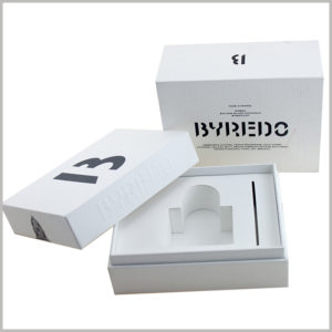 custom white cardboard gift boxes for perfume packaging.The white EVA inside the white boxes can not only fix perfume bottles, but also insert cards, which will bring surprises when consumers open the packaging.