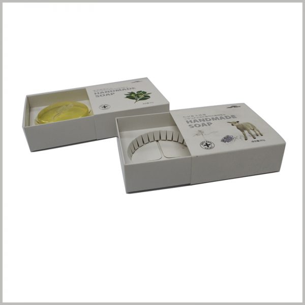 custom white cardboard soap boxes wholesale. 1000 gsm gray board paper is used as the main raw material of the inner box of the drawer, and the hardness of the inner box is used to increase the hardness of the entire package