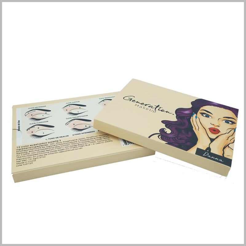 custom white makeup boxes for eye shadow packaging. The use method and promotional slogan of the eye shadow printed on the envelope of the eye shadow packaging play a role in explaining the product.
