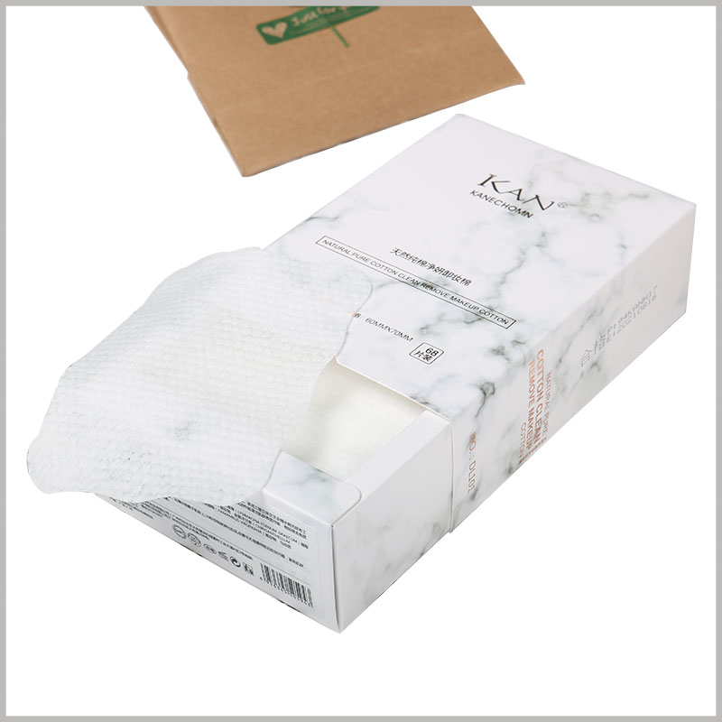 custom white small cotton pads box packaging. Detailed texts are printed on the side ends of the white drawer boxes packaging to explain the product.