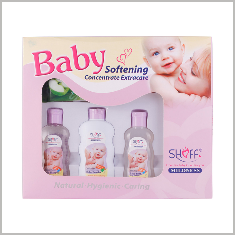 custom windows packaging for baby care products.The top of the customized package uses transparent pvc as the window, which can improve the visibility of the products inside the package.