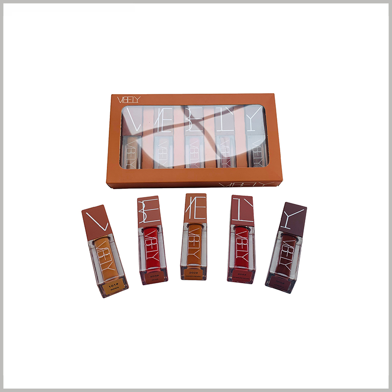 custom windows packaging for lip gloss of 5 bottles. Using the window of the package, lip gloss products can be displayed well.